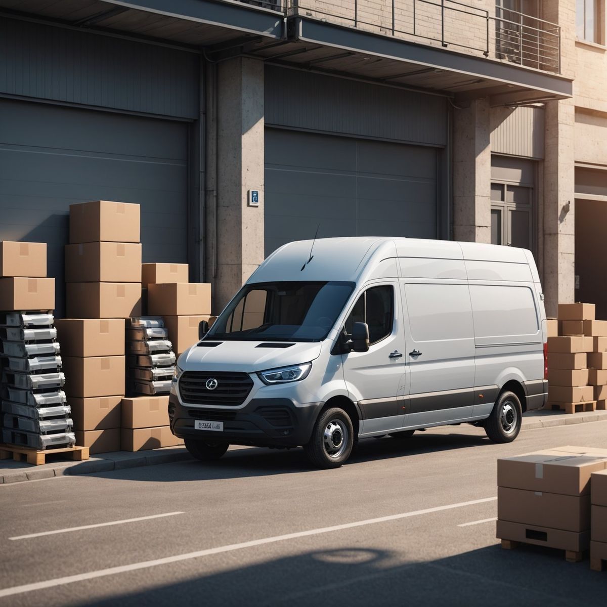 Camioneta VAN de reparto estacionada junto a una bodega con mercancía